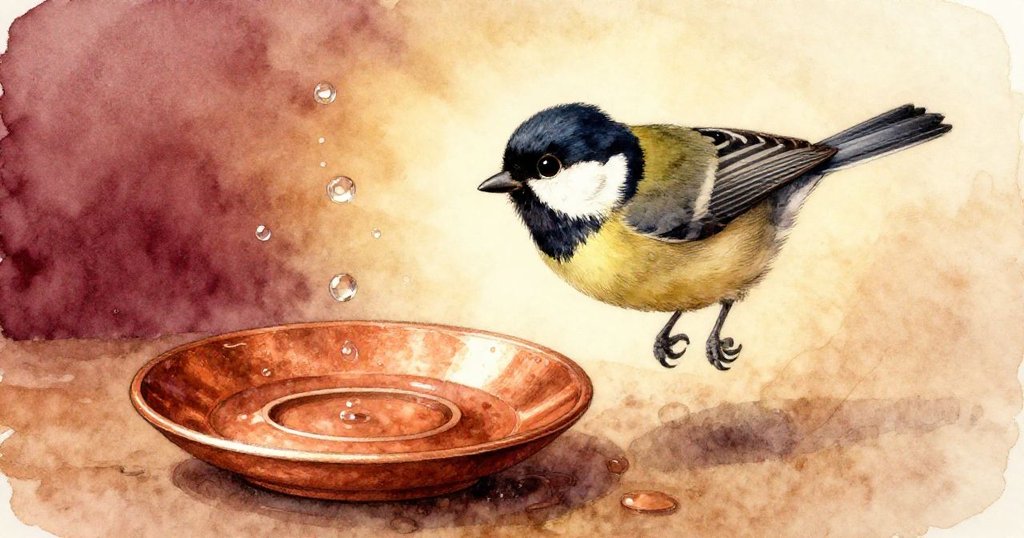 小鳥迅速飛回瓷盤，輕啄水珠，瓷盤微振，動態展現暖光中生機與互動。