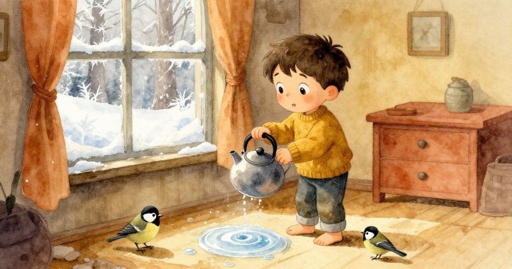 Ivan手持熱水壺退後，凝望窗上冰花與融圈，遠處小鳥重現，營造寧靜奇幻收尾。