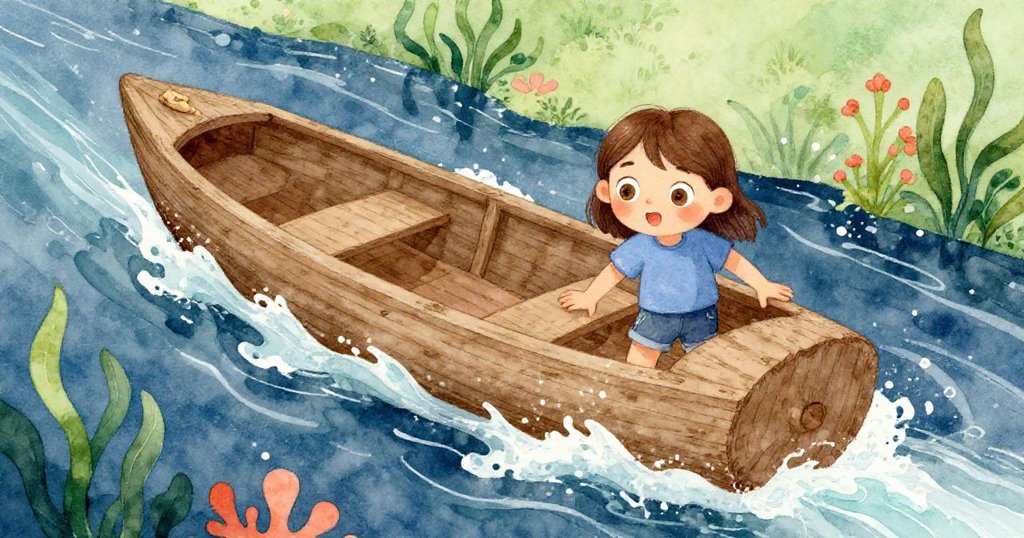 June用手觸摸船緣，溼潤黏土痕跡清晰呈現，動感背景流水洶湧，表情專注，情節剛起始