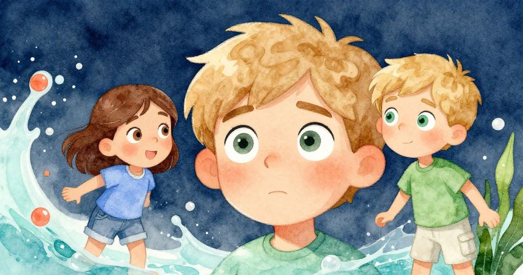 Finn專注觀察，眉毛微揚，眼神充滿驚奇，背景船緣流水模糊，敘事進程中情緒漸起