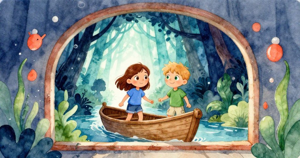 June與Finn凝望發光樹林隧道，透視窗中展示繽紛畫作，神情充滿期待，橋段逐步展開