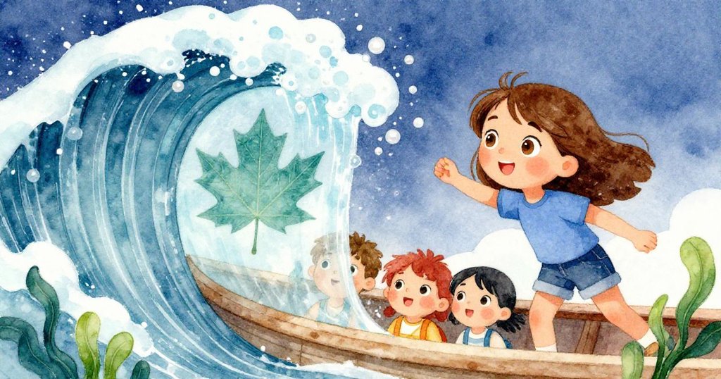 波浪強勁沖刷船邊，露出凸起楓葉印痕，June與Finn驚訝注視，敘事達至高潮瞬間