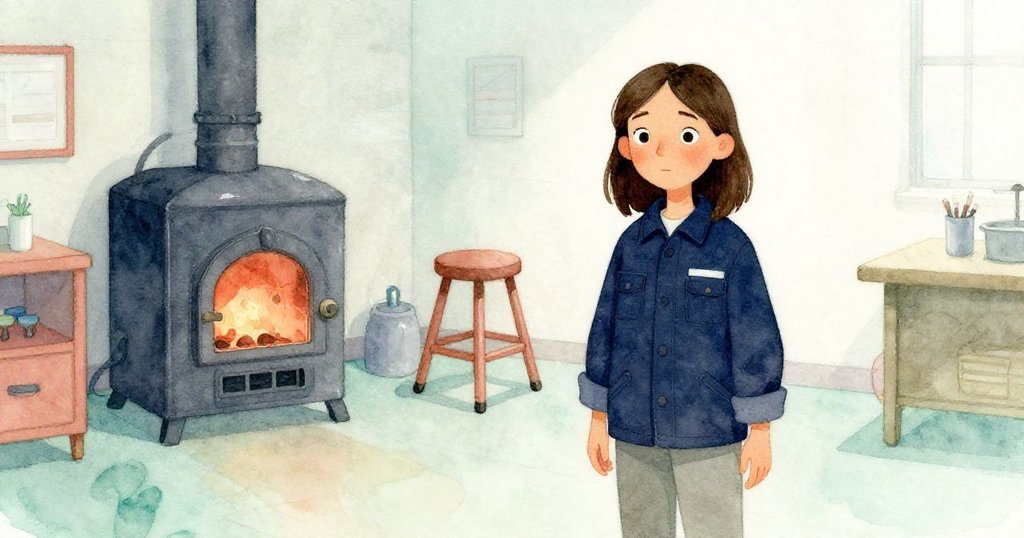 June走進舊工作室，面帶好奇在傾斜畫面中傾聽，倒置凳子與暖光熔爐營造神秘氛圍