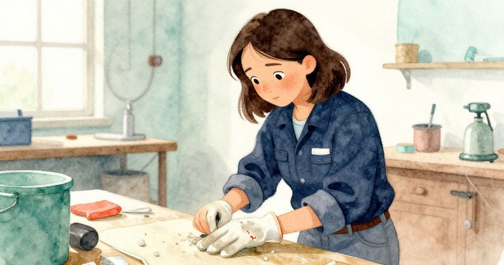 June專注地拿起工作臺上舊棉手套，紅色縫線耀眼，背景帶出工作室歷史感