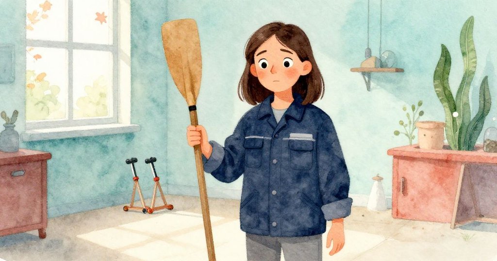 June在淡秋光影下動作流暢，和工具發出輕微聲響，工作室透出微妙季節氣息