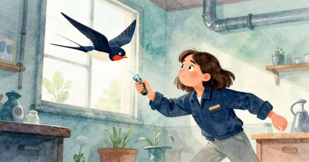 June迅速轉動煙管以應對窗外飛入的燕子，面露驚訝與迅捷動作，工作室充滿動感