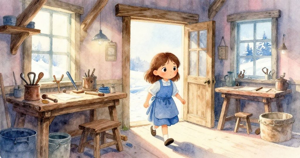 萊拉在柔和晨曦中走入木質工作室,背景中有大缸與木框,她滿懷期待,整個空間洋溢著溫暖早晨光線。