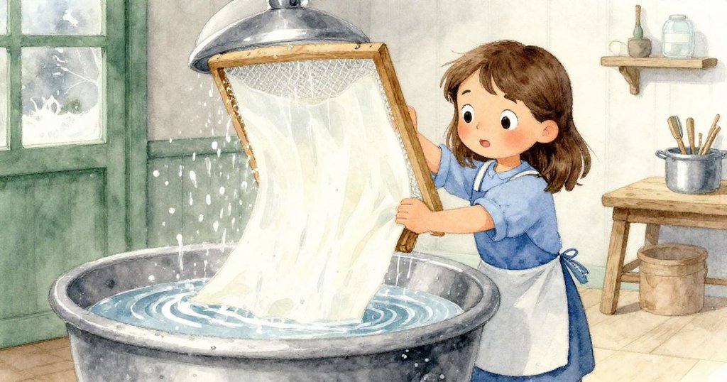 萊拉正全神貫注操作木框浸入水缸中,水流與逐漸凝結的薄紙形成鮮明對比,工坊內細節豐富。