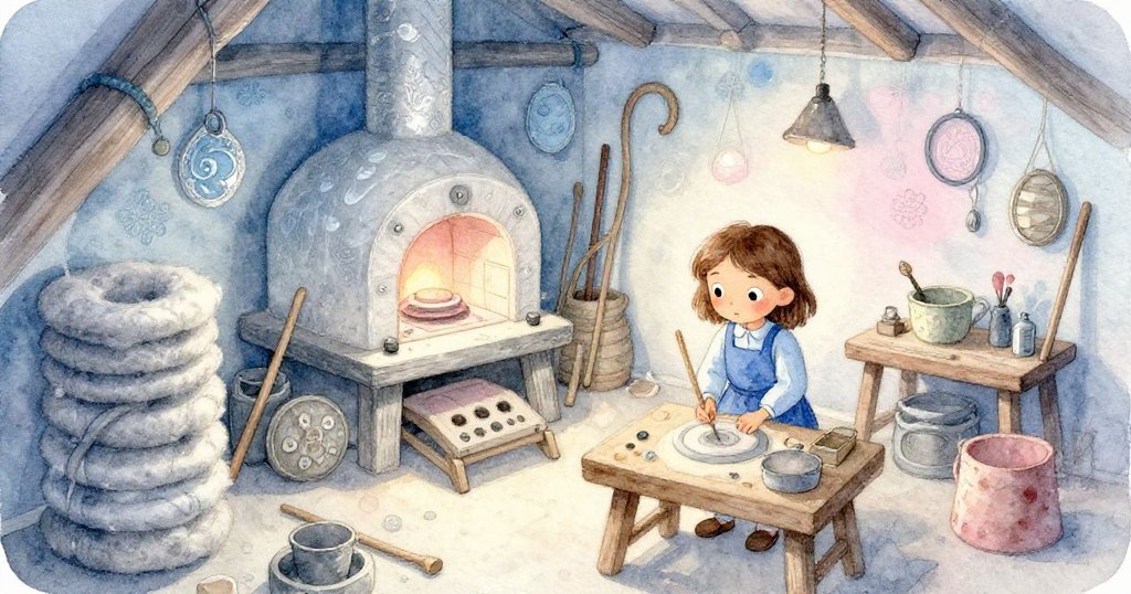 從高處俯瞰工坊,熾熱窯爐、錯落毛氈與微彎橫桿同時呈現,萊拉在細察作業細節,場景層次豐富。