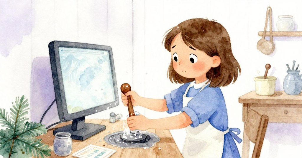 工坊中,萊拉站在工具堆旁猶豫不決,仔細清洗篩網與按壓把手,眼神中流露出堅定與思索。