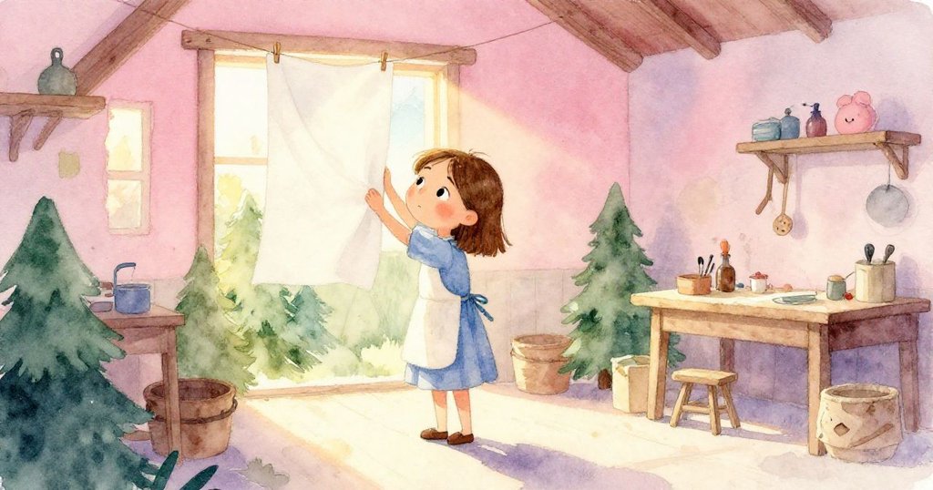 夕陽餘暉中,萊拉微笑著將最後一張輕薄紙張懸掛在新毛氈上,工坊充滿溫暖與靜謐氣氛,展現日終轉變。