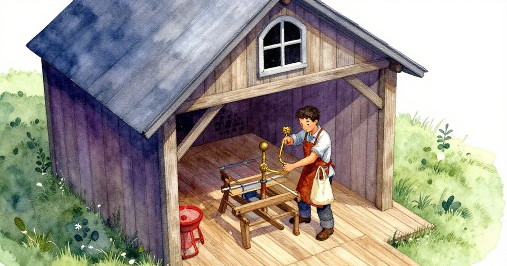 Kane在鄉村老穀倉中開始操作旋轉機，從上方俯視顯示建築細節與穩定點滴，神情專注且充滿歷史感。