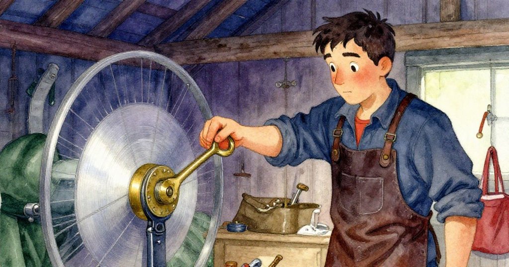 Kane緊握古銅棘輪，細緻刻畫老舊工藝及木質背景，手部動作穩健，散發歷史氣息與專注情懷。