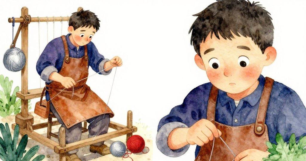 Kane分畫面中一邊捏住鬆弛紗線，一邊展露專注略帶憂心的神情，動作與情感分明呈現製作過程。