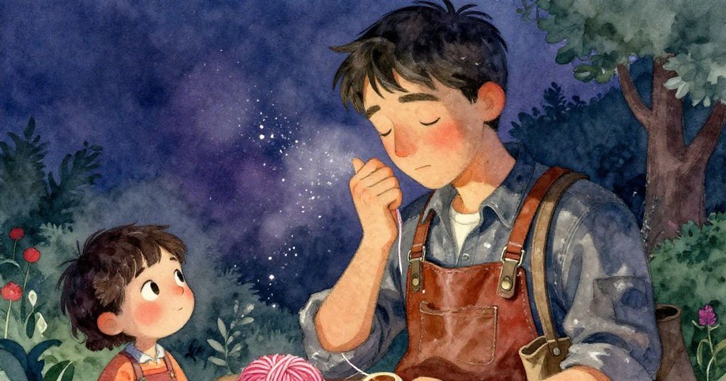 Kane在旋轉機前停步沉思，閉眼感受繩纖維溫度，塵埃在光中閃爍，氛圍寧靜而溫暖。