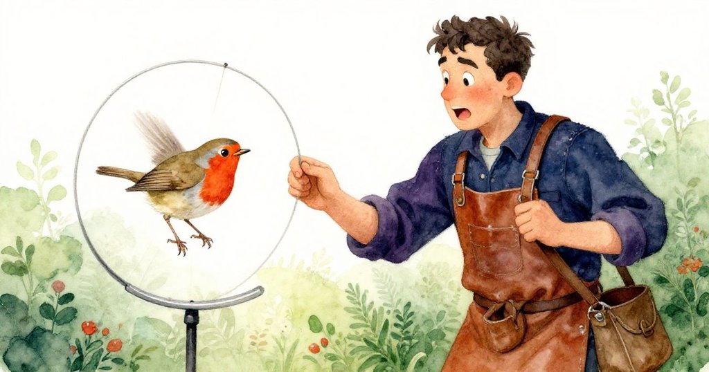 小知更鳥落在旋轉機上輕觸軸心，Kane迅速調整紗線，動作敏捷，場景充滿突然動感與精妙互動。