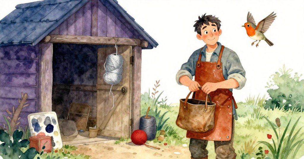 Kane滿意地站在完成的纏繞卷旁整理散落紗線，小知更鳥在光中飛去，場景溫馨結尾，充滿達成感。