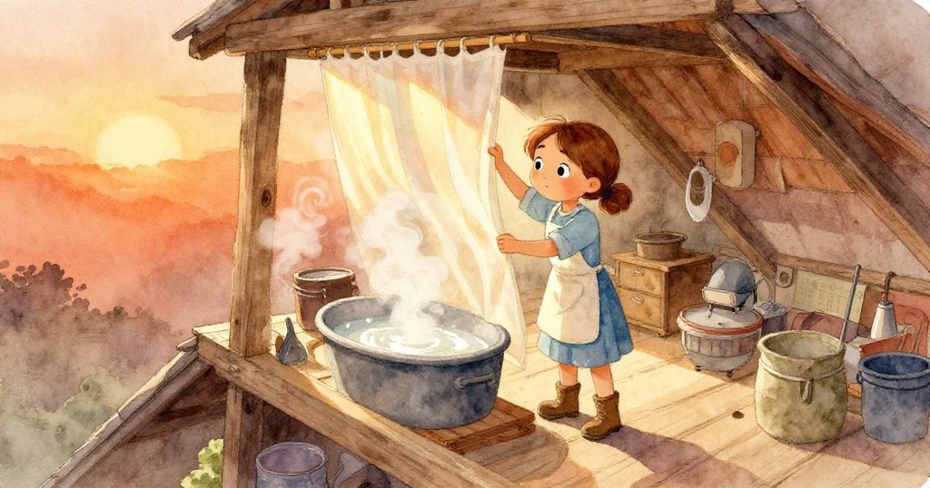 梅正於工坊高空中揚起隔板，蒸氣繚繞，心中專注與溫暖環境展開開端工作