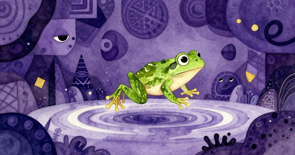 青蛙在夢幻幾何空間中優雅躍起，蒸氣與漩渦纖維交錯，呈現超現實精彩動態瞬間