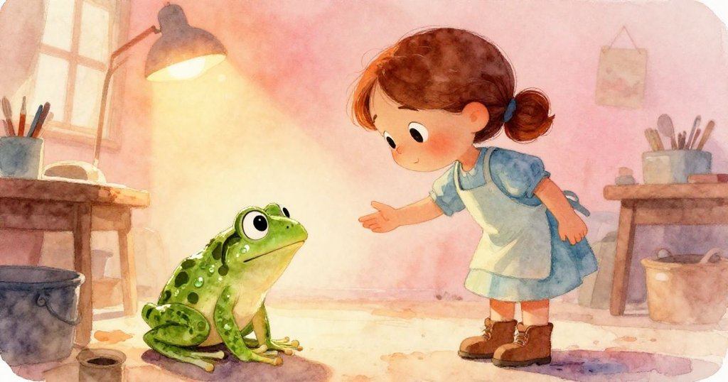 梅輕手停留於工坊中，注視青蛙閃耀燈光眼神交流，流露驚喜與溫柔體驗持續展開