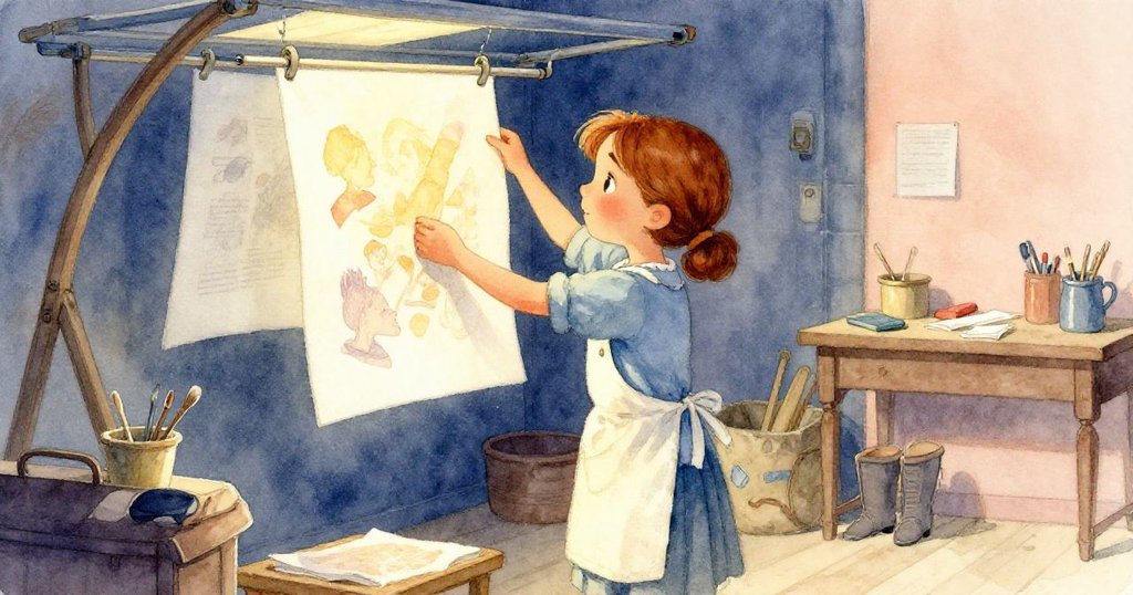 梅穩重地將印好頁面移向晾衣桿，工坊安靜環境中展現工作圓滿結局，心情平靜