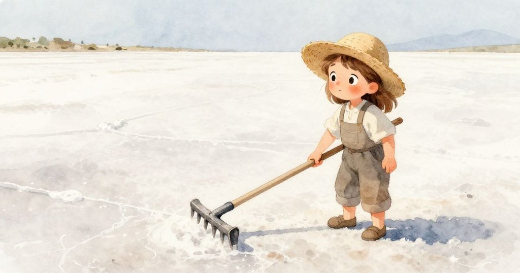格蕾塔在曙光初露前到達鹽灘,她正操作耙子,背景呈現白色鹽層與柔和陰影,展現開篇的期待與神秘。