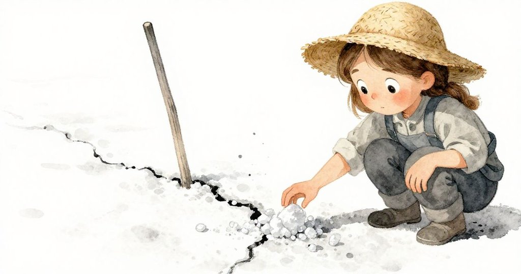 格蕾塔蹲於鹽灘旁細察裂縫與傾斜標桿,雙指觸碰濕鹽晶體,表情充滿好奇與驚喜,展現發展期情節。