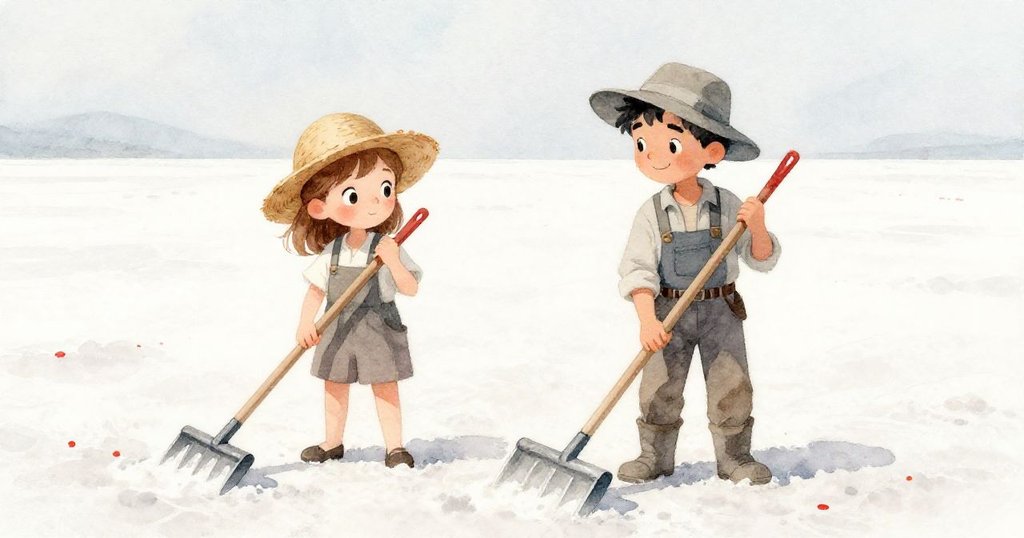 格蕾塔與邁爾斯齊心協力調整耙子角度,動作協調中透出默契,場景呈現發展中轉折與溫暖互動。