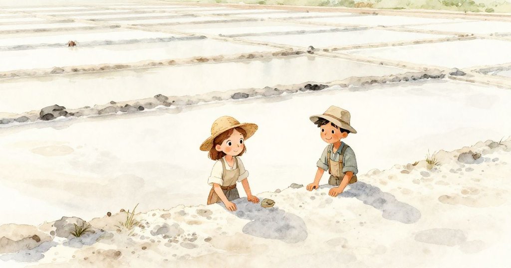 從高處俯瞰鹽灘整齊脊紋,格蕾塔與邁爾斯在遠處協作,景象寬廣,展現故事中合作轉向高潮的靜謐美感。