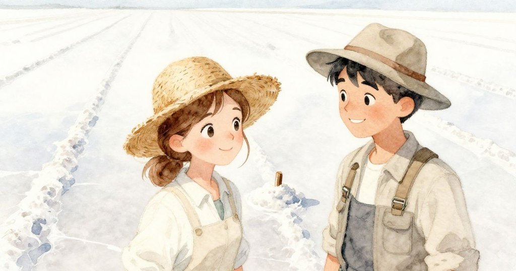 調整後的標桿穩立於鹽灘中央,格蕾塔與邁爾斯滿足凝視,終章展現平靜與美好收尾,充滿和諧情感。