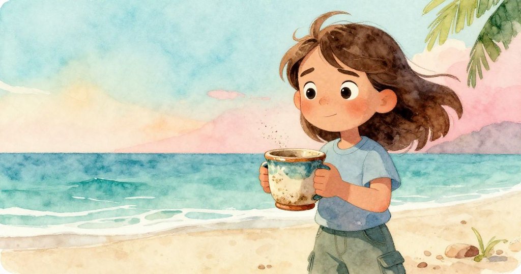 Nell彎腰仔細檢查陶瓷杯,細膩玻璃光澤上覆蓋砂礫與沙岩,專注且充滿好奇的神情