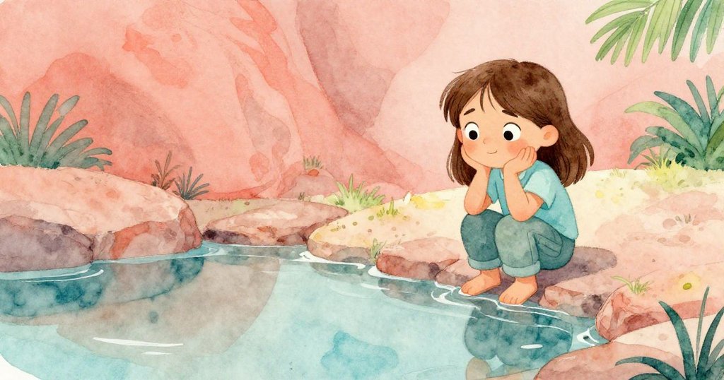 Nell凝視著石面上小水潭中的倒影,反映出層次岩石與她思索的神情,場景溫柔而意境深遠