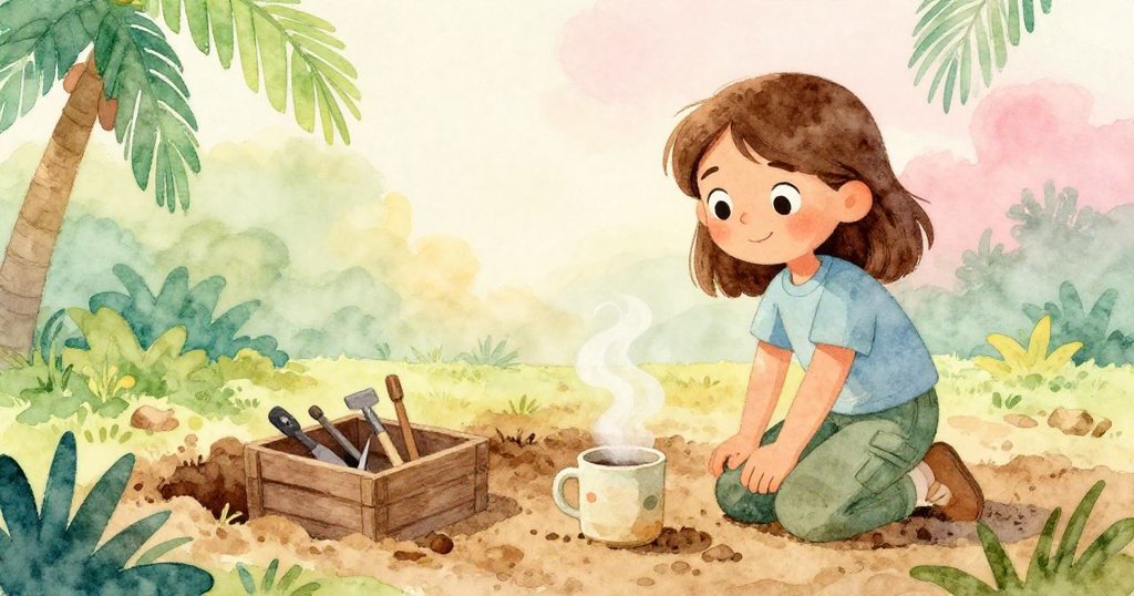 Nell回憶三個月前晨曦中的挖掘場,杯子直立冒著蒸氣,背景中有志工交談,溫暖懷舊氛圍洋溢