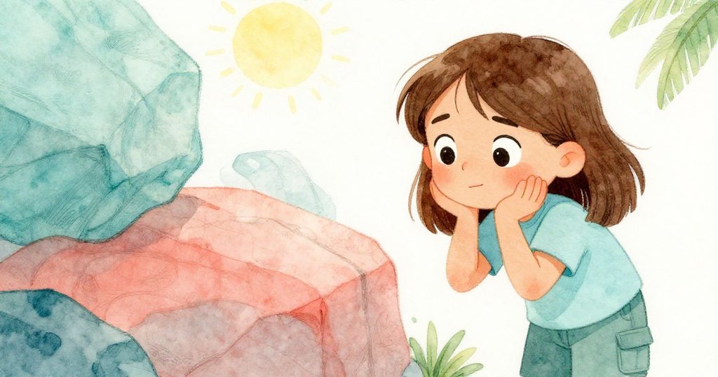 Nell停下手中刷子,凝視岩層中突出的細微凹痕,神情複雜充滿疑惑與好奇,手中鉛筆留下痕跡