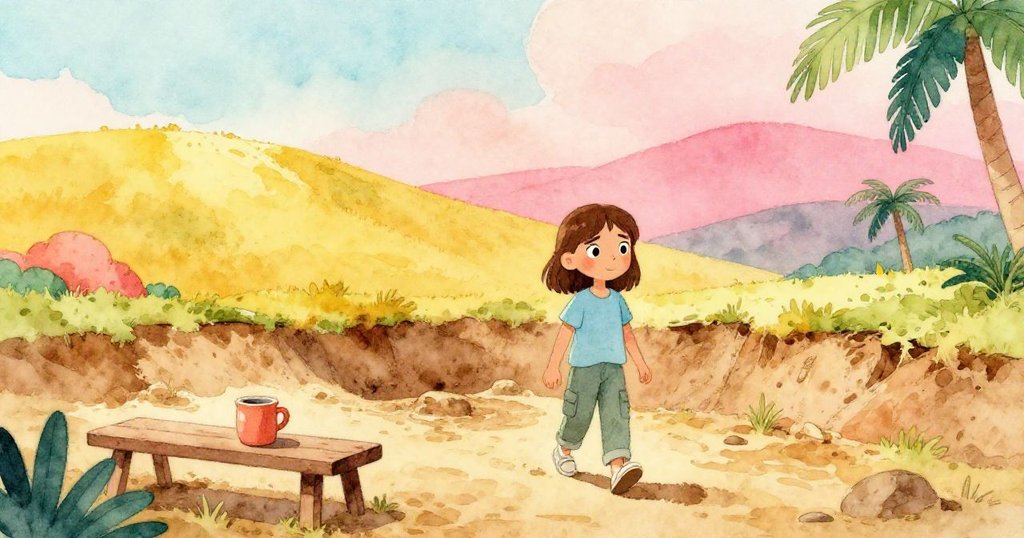 Nell整理好工具和背包離開挖掘場,杯子放在石凳上,她邁向遠方山脊,神情堅定期待新發現