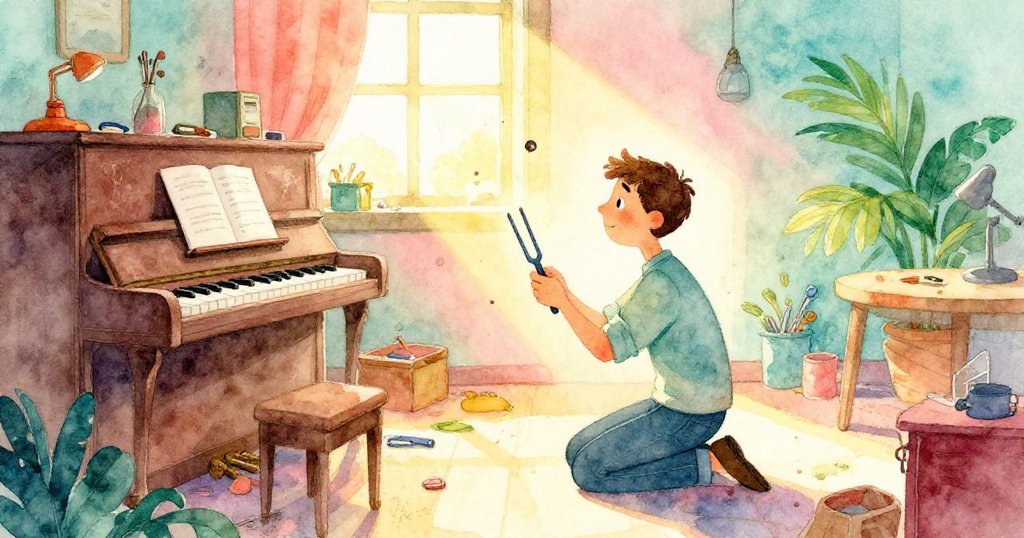 戴爾在光線斑駁的工作室中跪於鋼琴前，周圍散落工具與飛舞塵埃如群眾，臉上流露好奇與期待探索故事起始。