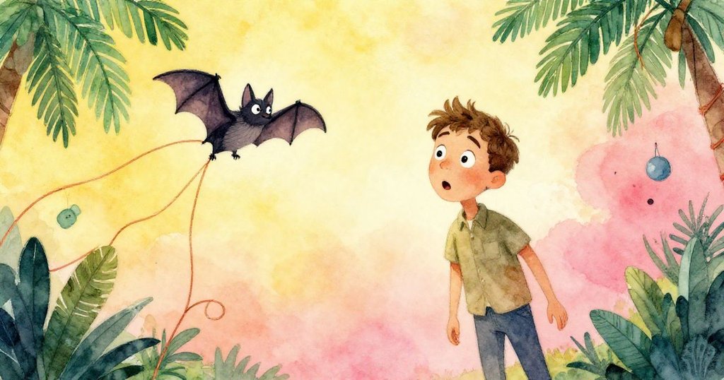 戴爾驚訝地凝視著盤繞銅線上的蝙蝠，通過變形鏡頭呈現奇幻彎曲場景，空間與物品彷彿進入夢境。