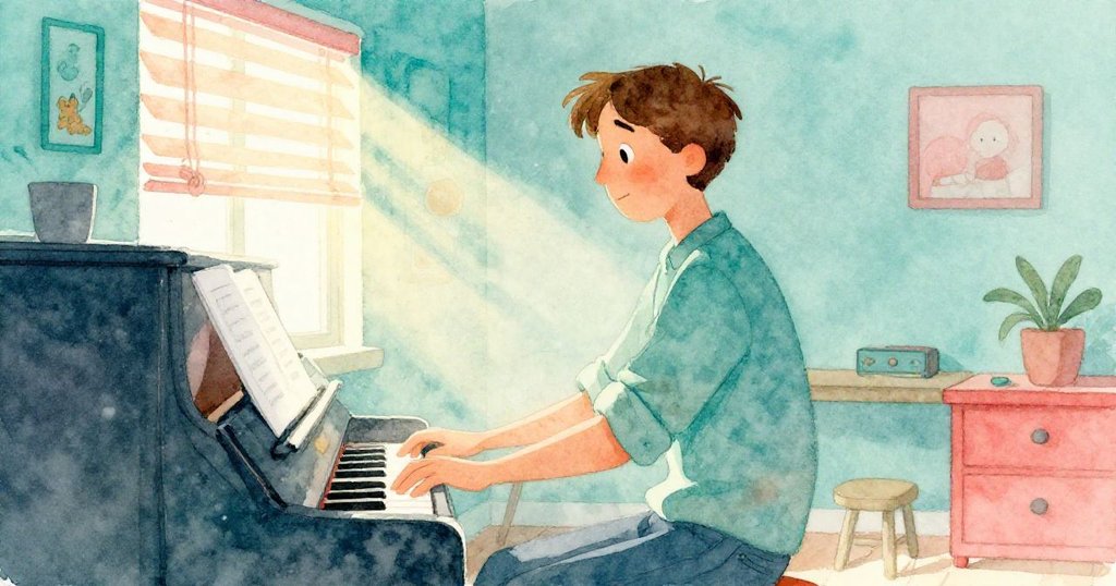 午後光芒穿窗照進工作室，鋼琴旁拋光塵粒與飛舞塵埃交織，戴爾專注於樂器，氛圍充滿詩意變幻。