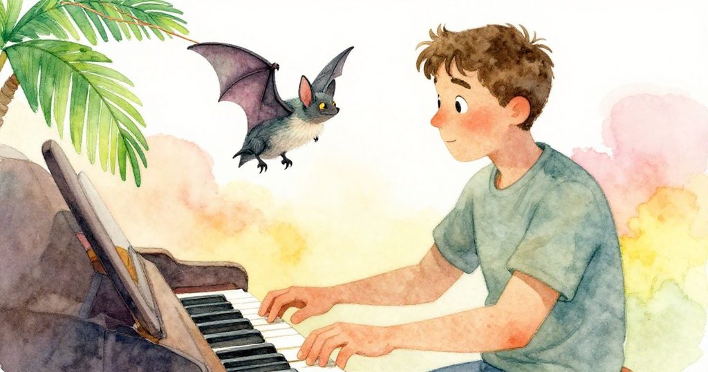 戴爾專注彈奏中A鍵，鋼琴聲中蝙蝠輕舉透明耳朵回應，動作與反應營造出和諧互動瞬間。