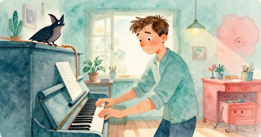 戴爾輕推橡膠隔音器，蝙蝠安然棲於銅線上，工作室中藝術與自然和諧重聚，氛圍溫馨寧靜展現結局。