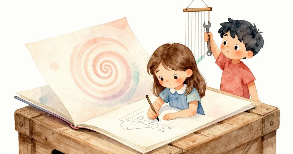 Luna輕握鉛筆在木箱上的筆記本上勾勒圖案，Ian在背景使用扳手調整風琴，晨光灑落，情景充滿探險與沉思。