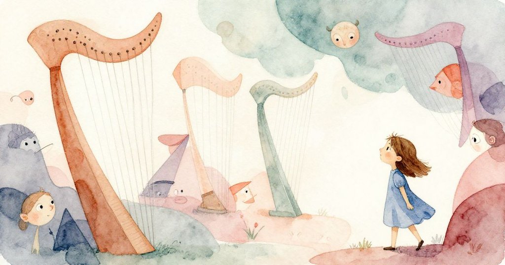 Luna在詭異幾何變化中驚嘆，延長琴弦與扭曲陰影交織，現場充滿神秘幻想與夢幻光影。