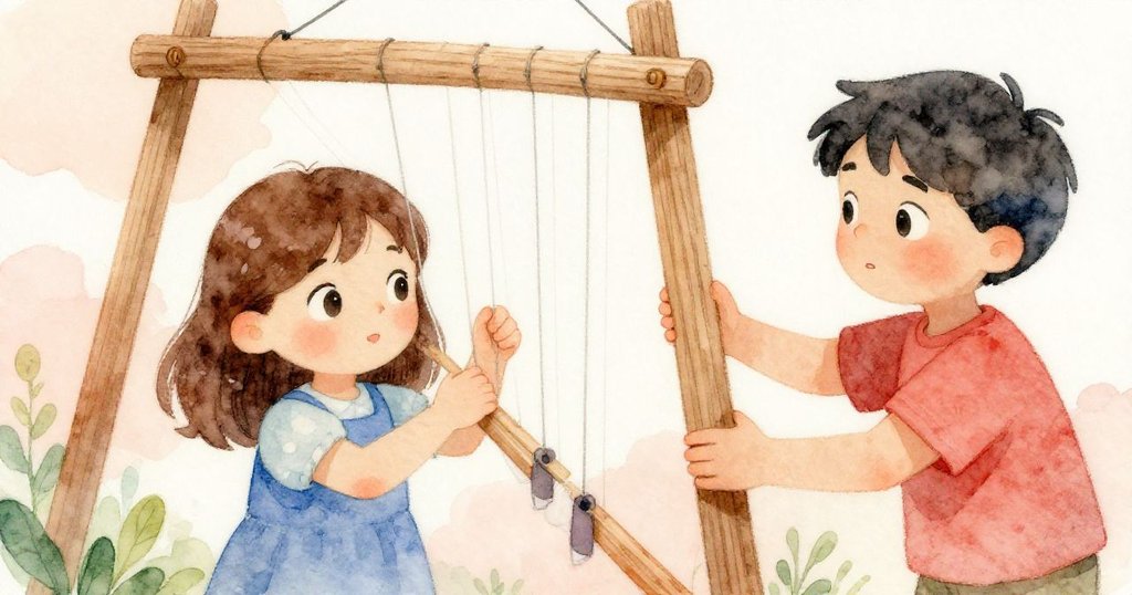 Luna與Ian合力調整風琴，Luna塞入雪松木片，Ian穩住木框，兩人專注合作展現奮鬥精神。