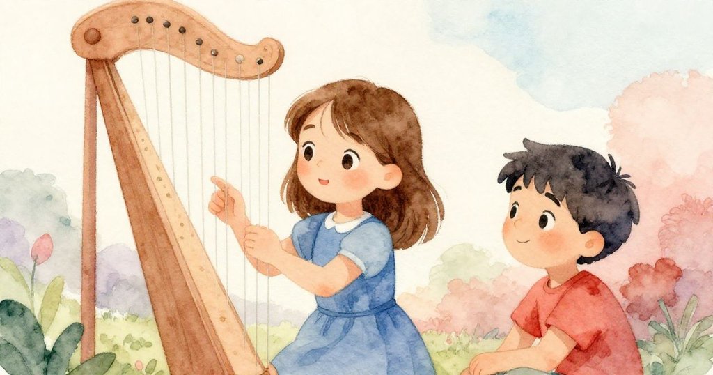 Luna與Ian在溫暖晨光中欣賞風琴新韻，Luna輕觸琴弦，Ian滿懷喜悅，場景充滿平和與成就感。