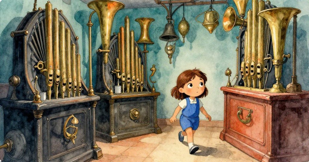 Iris 穿著藍色服裝走進充滿銅管與風箱的神秘音樂房，燈光映照下展現出探索與期待的神情。