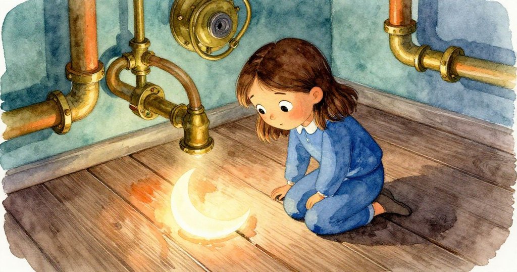 Iris 彎腰細看地板上新月形濕痕，濕痕附近銅管與齒輪若隱若現，角度斜拍突顯出神秘的質感。