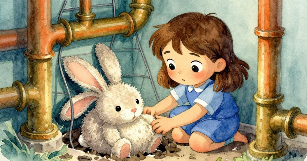 Iris 小心翼翼探查隱藏角落，驚喜發現夾在銅管間的絨毛兔仔，溫柔神情與細膩機械背景相映成趣。