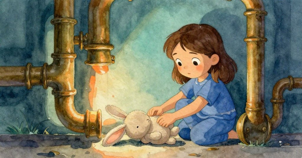 Iris 微笑著將絨毛兔擺入重新運作的銅管間，機械恢復平穩韻律，畫面留給人溫暖而神秘的餘韻。