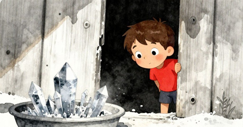 Cruz從木板縫隙中窺視,聚焦於第二水池旁晶體碎屑,臉上流露出驚奇與好奇的表情。