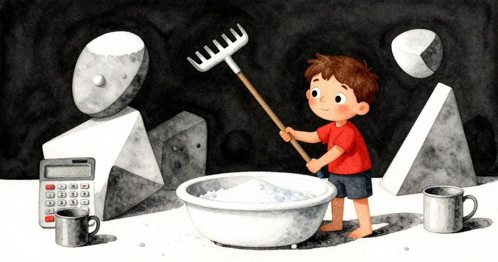 Cruz在第三水池前保持耙子,輕撫新刻紋的手柄,四周物品依不可能幾何排列,呈現奇幻效果。